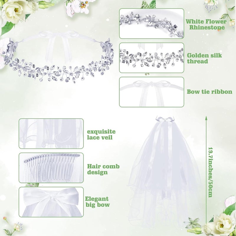 Funtery 6 Pcs First Communion Veils Girls Catholic Set 1st Communion Wreath Veil Headpiece Sock Necklace Bracelet Kid Wedding - Image 3